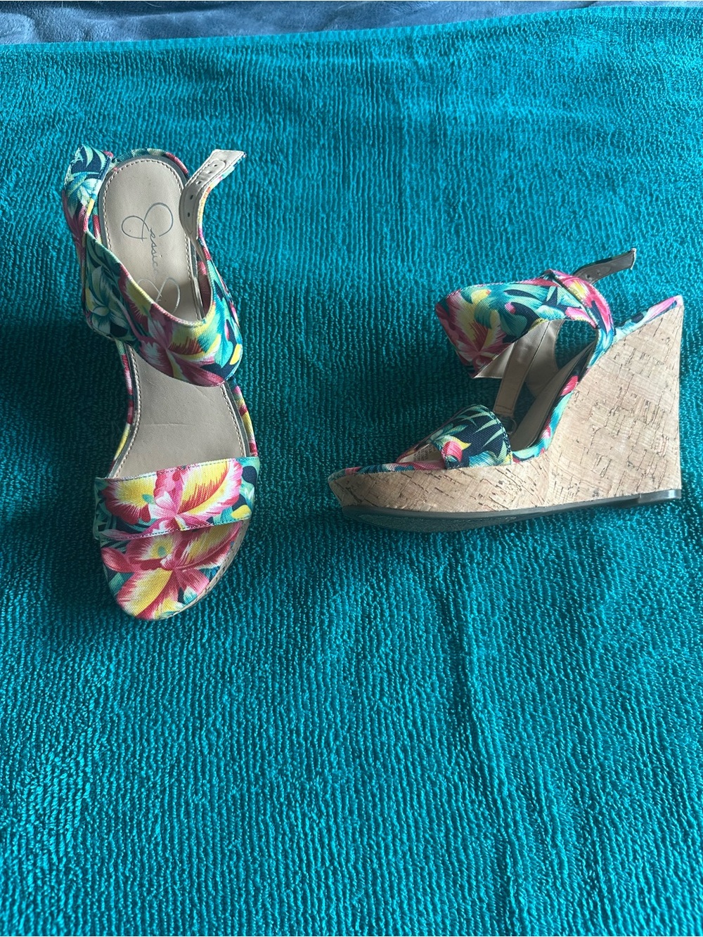 Jessica Simpson Tropical Floral Cork Wedge Sandals - Teal, Pink, Yellow